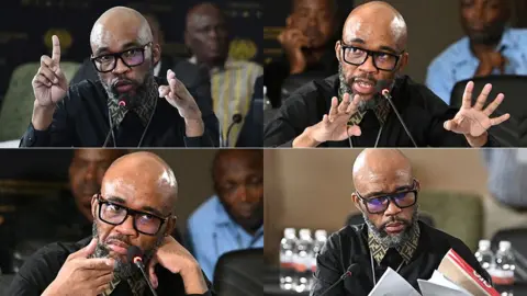 Gallo Images via Getty Images A composite of four head-and-shoulders photographs of Vusimusi Cat Matlala as he was giving evidence to the parliamentary inquiry showing him giving different hand gestures.