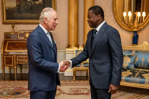 AFP via Getty Images King Charles III shakes hands during an audience with the President of the Togolese Republic Faure Gnassingbé at Buckingham Palace.