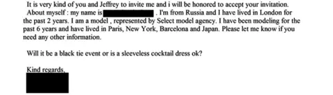 US Department of Justice A screengrab of an email with a response to the dinner invitation. names are redacted with black boxes.