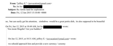 US Department of Justice A screengrab of an email conversation between Jeffrey Epstein and Japanese entrepreneur Joi Ito in June 2015 under the subject heading 'fertile land for exploration'.