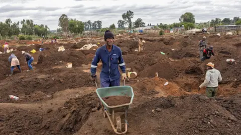 EPA/Shutterstock A man in blue overalls pushes a wheelbarrow full of soil as people around him dig for gold east of Johannesburg.