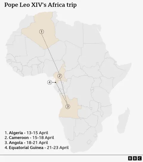Map showing the African continent and the four countries that Leo XIV is visiting along with the dates of the visits.