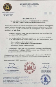 Cambodia orders Ghanaians, other African nationals to leave country by May 31 or face arrest