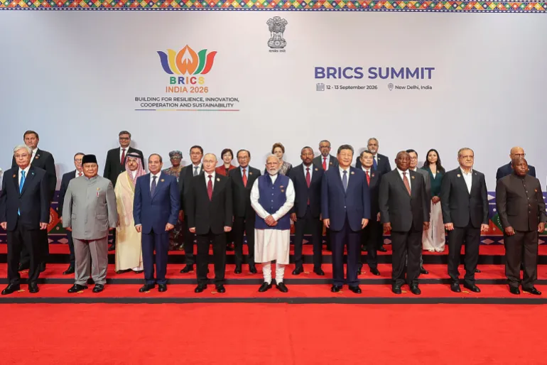 This handout photograph taken and released by Indian Press Information Bureau (PIB) on September 13, 2026 shows leaders of participating countries gather for a family photo during the 18th BRICS Summit in New Delhi. (Photo by Handout / Indian Press Information Bureau (PIB) / AFP) / RESTRICTED TO EDITORIAL USE - MANDATORY CREDIT "AFP PHOTO /INDIAN PRESS INFORMATION BUREAU (PIB)/ HANDOUT / " - NO MARKETING NO ADVERTISING CAMPAIGNS - DISTRIBUTED AS A SERVICE TO CLIENTS