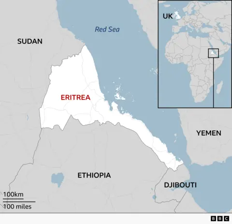 Map of Eritrea in north-east Africa, highlighted in white along the Red Sea coast. Neighbouring countries Sudan, Ethiopia and Djibouti are labelled, with Yemen shown across the Red Sea. An inset map of Africa in the top right shows Eritrea's location on the continent and where the UK is.
