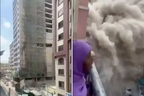 UGC/AFP Still frames taken from footage of the building's collapse showing it fully standing (left) and (right) a cloud of dust after it collapsed.