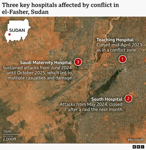 An aerial map of el-Fasher showing the three hospitals and describing how they were affected by the conflict